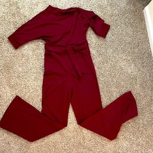 Maroon womens wide leg, off the shoulder jumpsuit